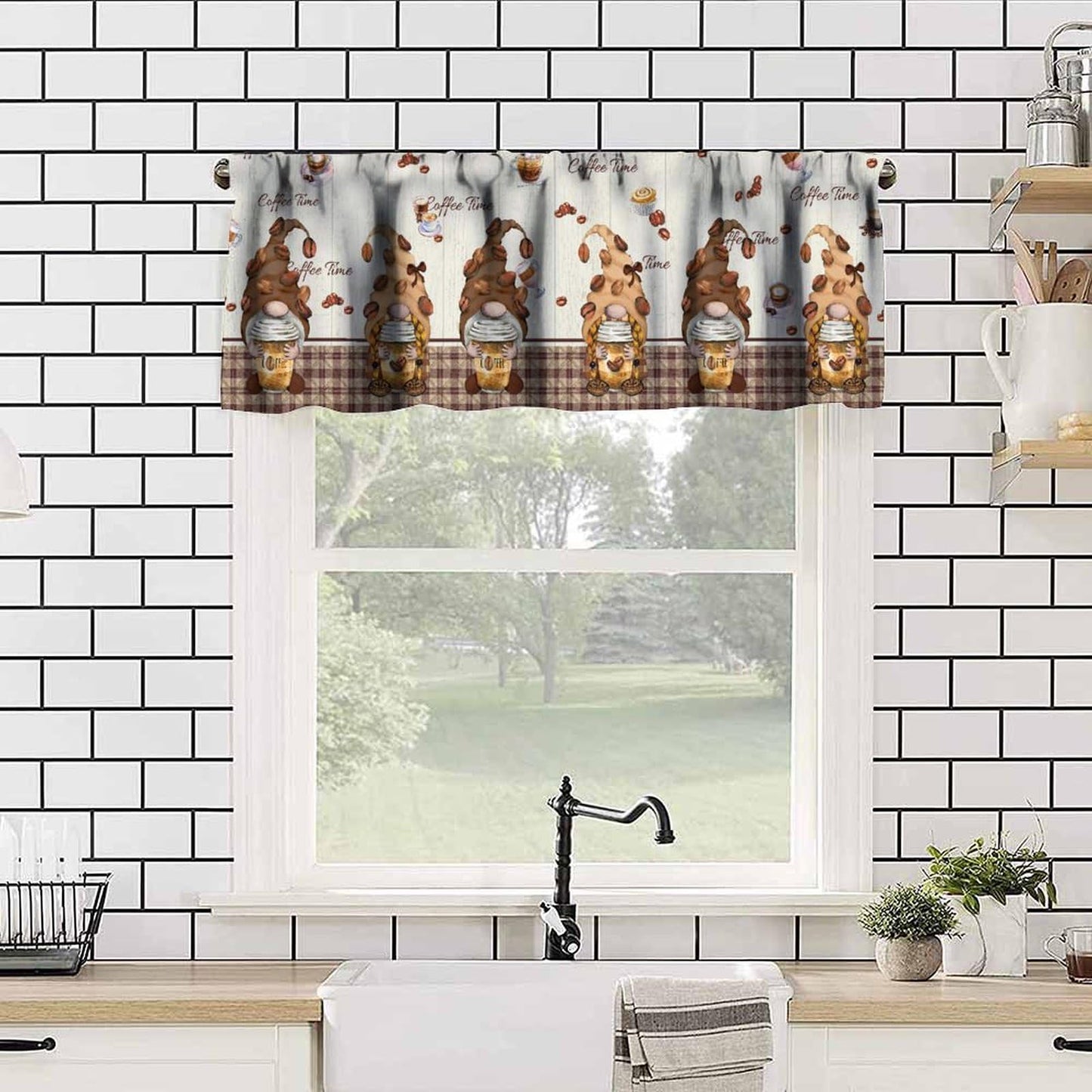 AAVEUP Coffee Kitchen Valance Curtains,Cartoon Retro Country Cappuccino Coffee Elf Cake Desserts Valances Short Panel Blackout Treatment Drapes for Dining Hal Living Room 54x 18 in