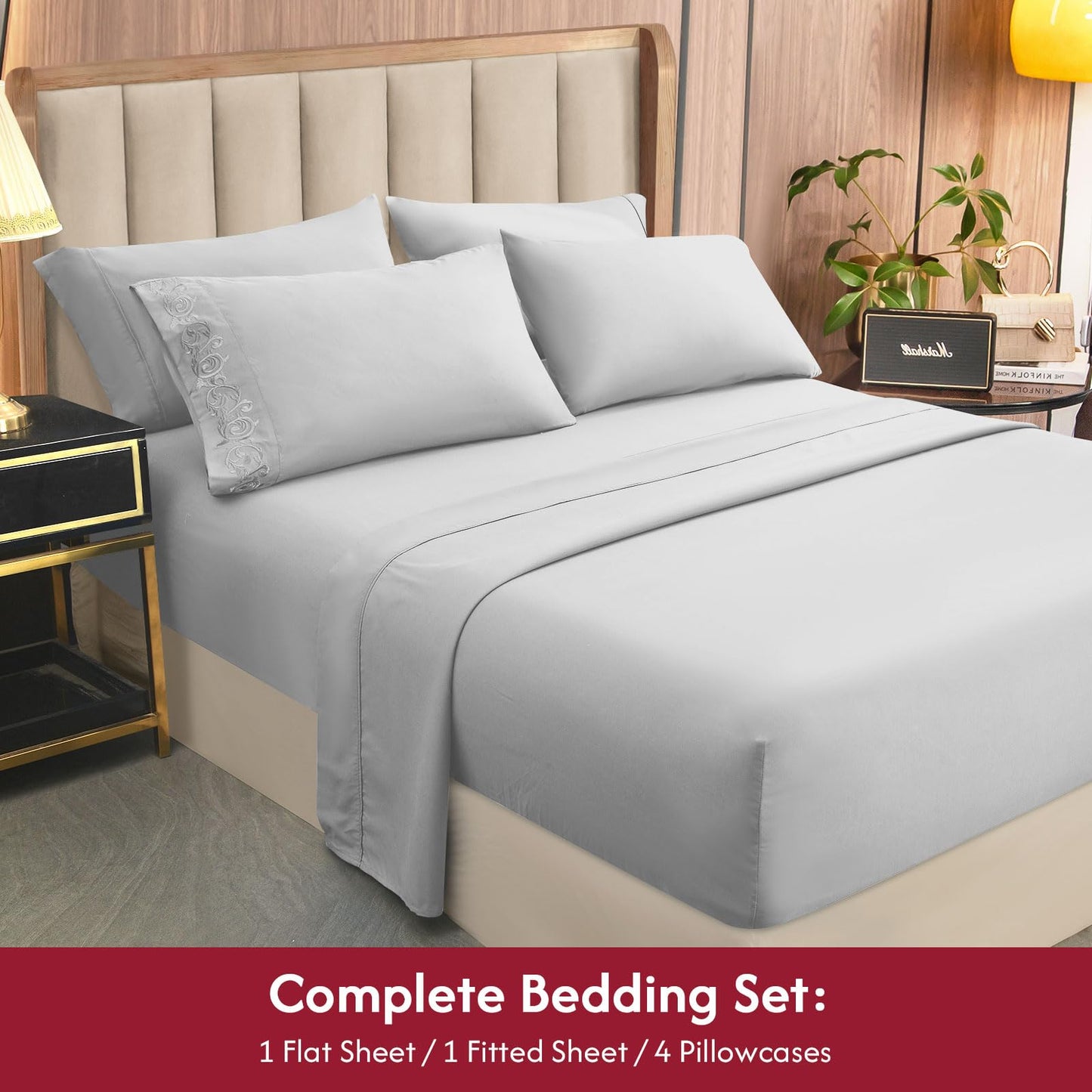 LONAVA King Size Sheet Set - 6 Piece Hotel Luxury Wrinkle-Free Microfiber Sheet, Oeko-TEX Certified, Breathable & Elastic, 16" Deep Pockets, Light Gray