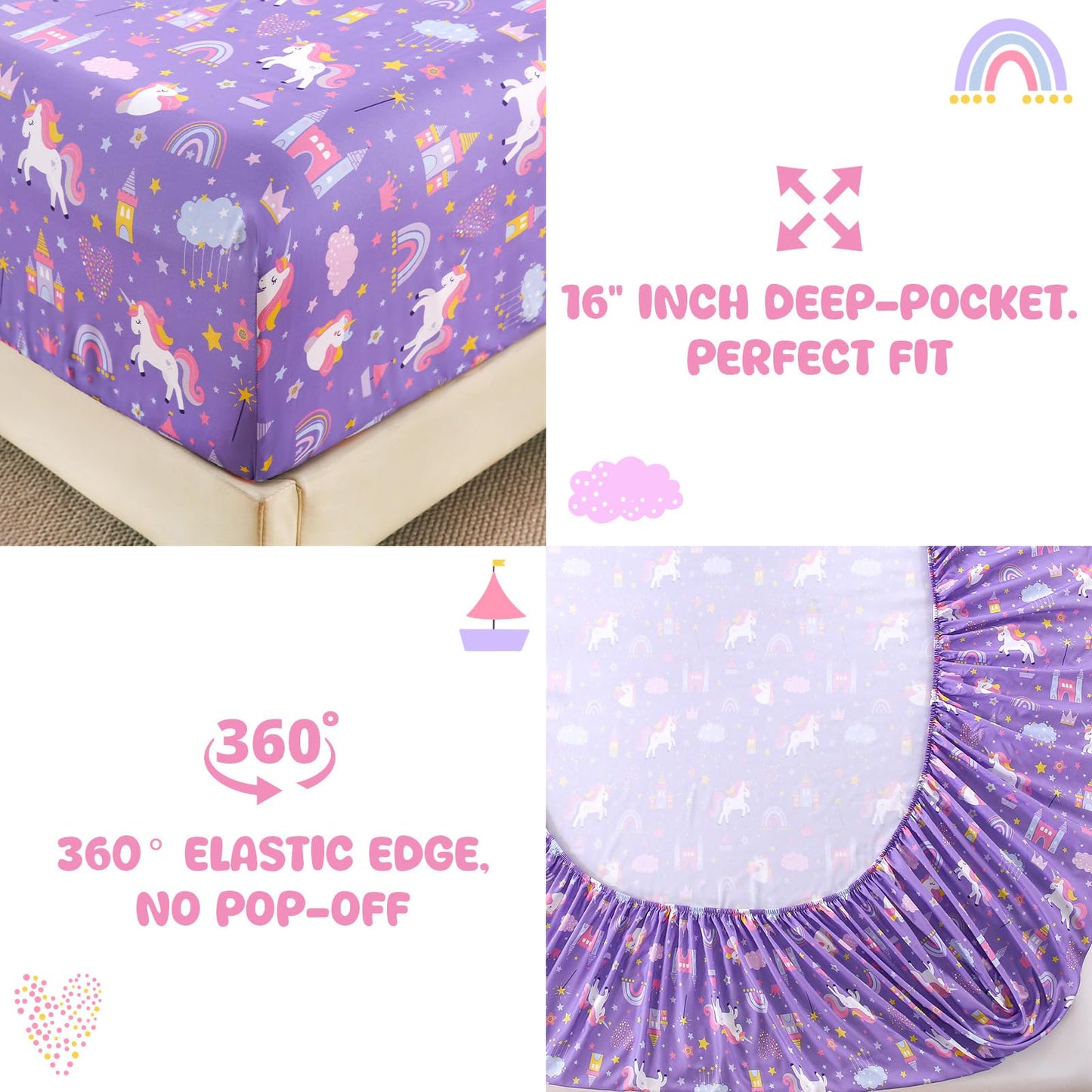 MICORAL Kids Twin Sheet Set Dinosaur, 3 Pieces Unicorn Purple Sheets for Boys & Girls, Soft Printed Microfiber Bed Sheets, Deep Pocket Cozy Toddler Bedding Set