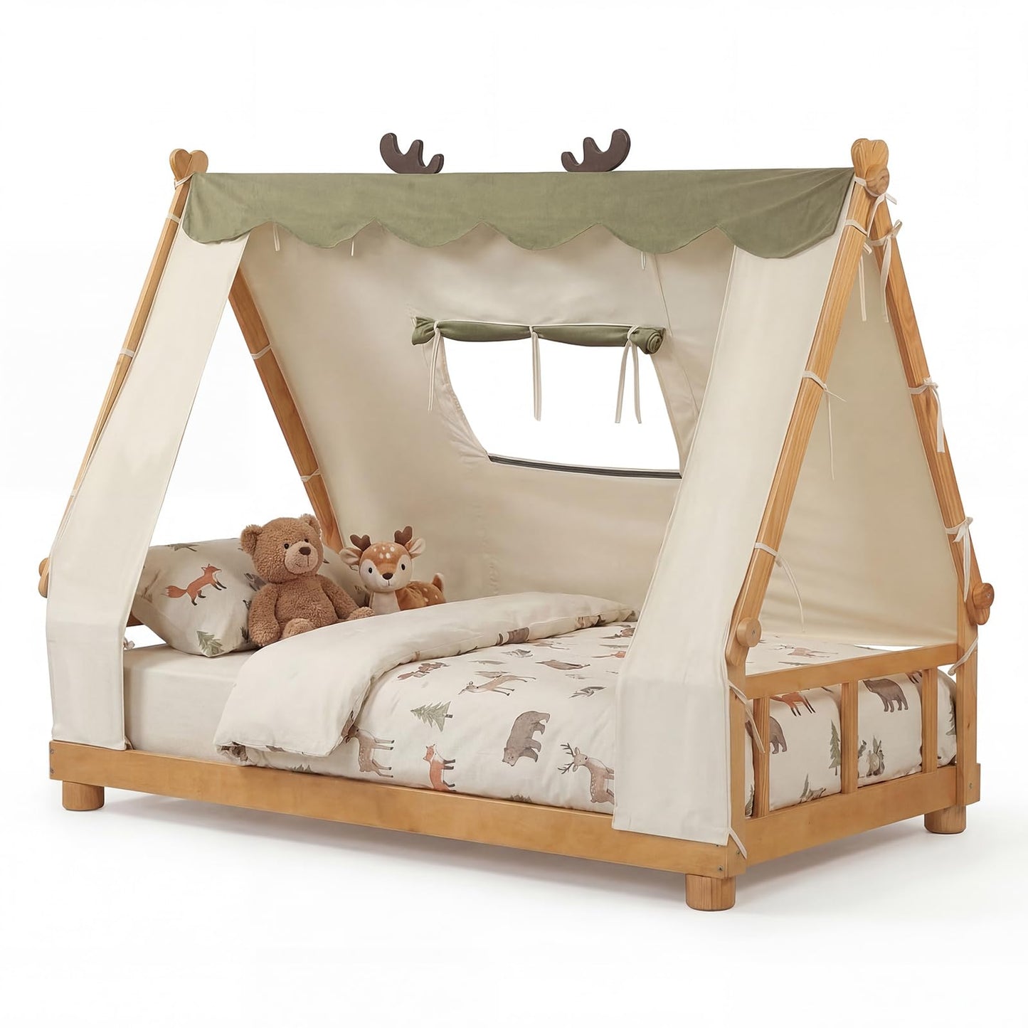 Costzon Twin Bed Frames for Kids, Wooden House Antlers-Shaped Floor Bed
