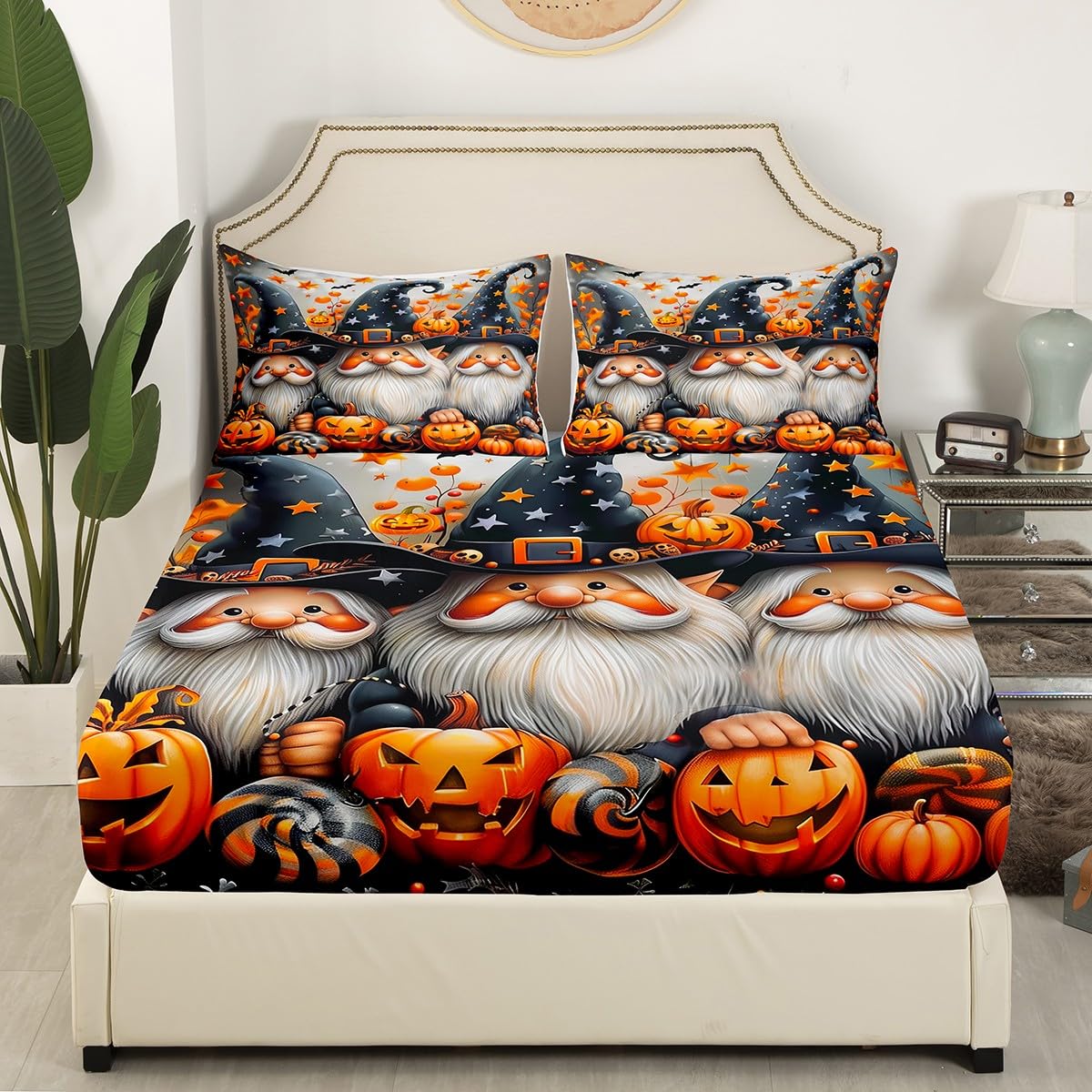 Halloween Gnome Fitted Sheet 3 Pcs,3D Watercolor Pumpinks Candy Soft Microfiber Sheets Breathable Bedding,Cute Witch Hat with Stars Pattern Bedsheet with Deep Pocket