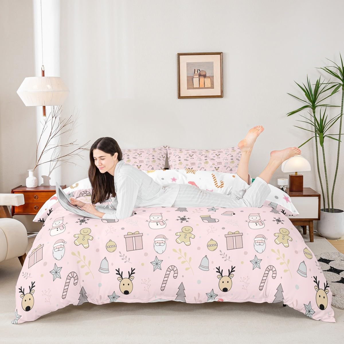 Merry Christmas Bedding Sets Twin Size,Cute Snowman Deer Duvet Cover Set 2Pcs for Kids Girls Boys Adult Room Decor,Cartoon Santa Claus Comforter Cover Pink Snowflake Quilt Cover,1 Pillowcase