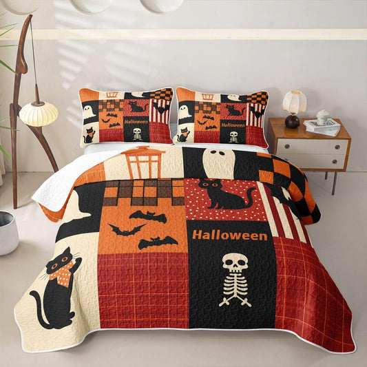 Feelyou Halloween Quilt Set Ghost Bat Cat Quilted Bedspread Lightweight Coverlet Set Queen Brown Grid Patchwork Bedding Set with Pillowcases for All Season Microfiber Bed Decor