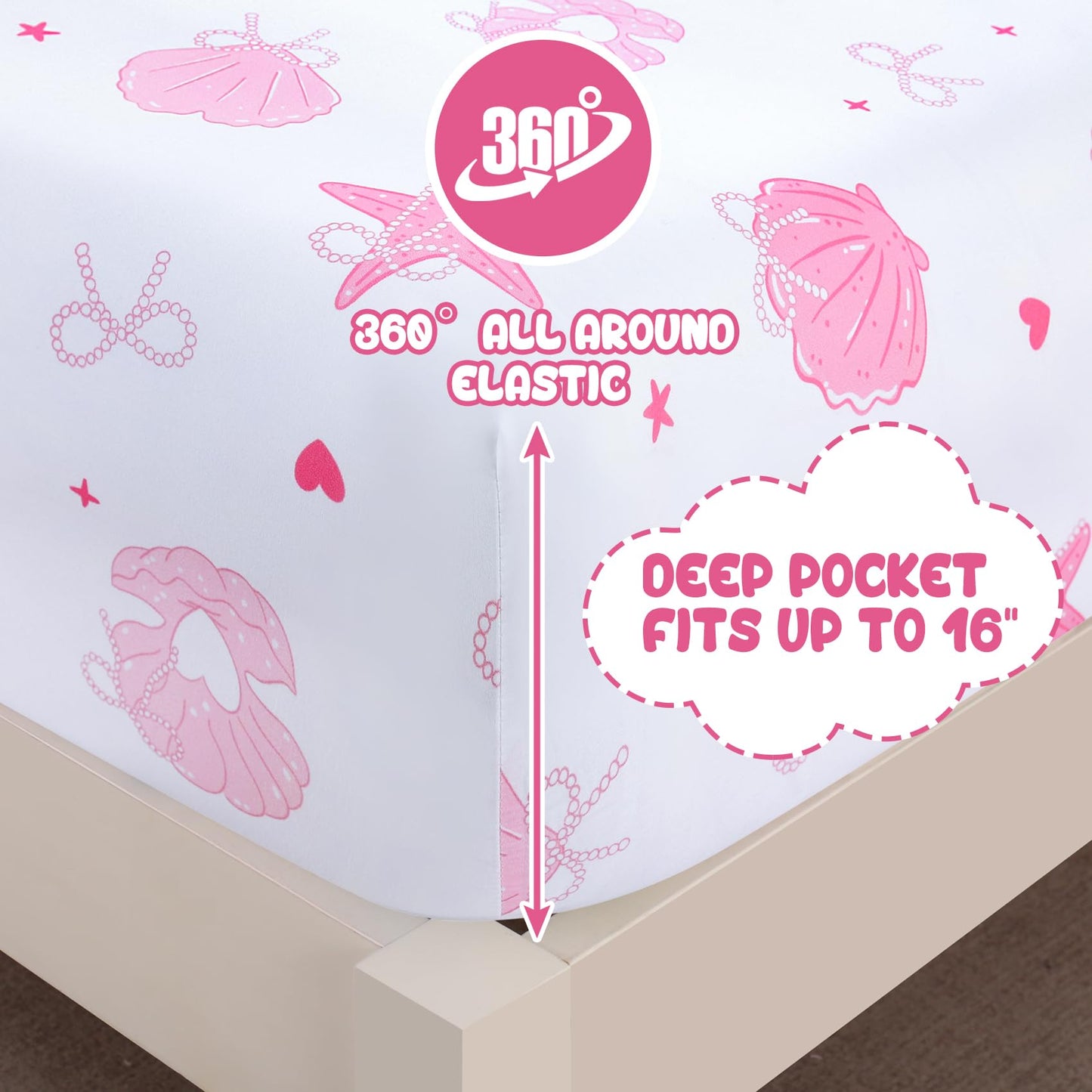 Yibeizi Pink Twin Sheets Set Kids Beach Bedding Coastal Bed Sheets for Girls Ocean Print Bedsheets Microfiber Deep Pocket Beachy Patterned Bed Sheet & Pillowcase Sets 3 Pieces