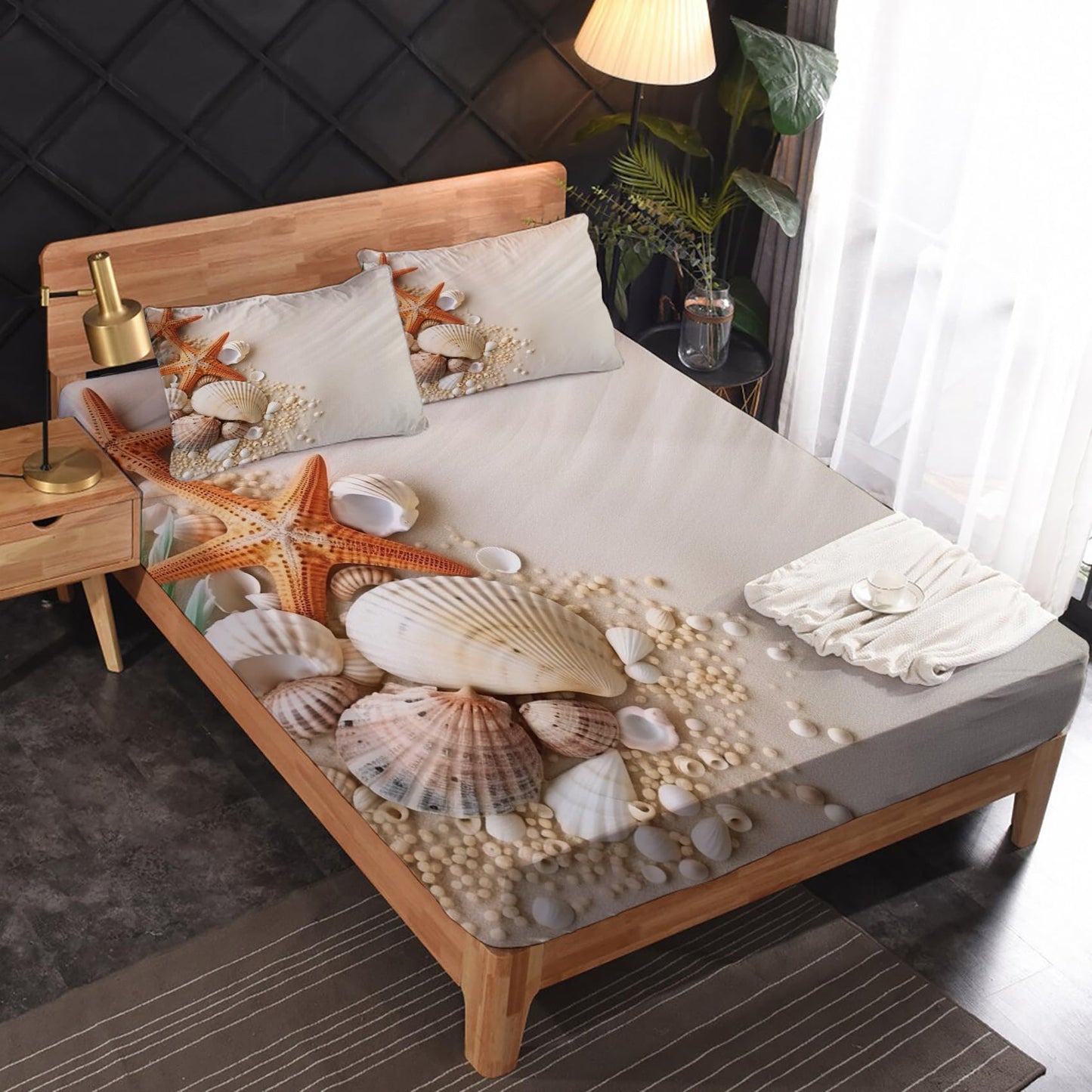 King Size Sheets Set - Beach Theme Bed Sheets, Starfish Seashell Bedding Sheets & Pillowcases, Soft Microfiber & Deep Pocket & Wrinkle Free Sheet Set, 1 Fitted Sheet, 1 Flat Sheet, 2 Pillow Cases