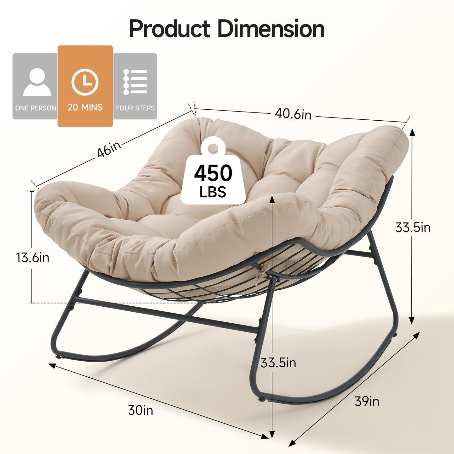 Dovov Outdoor Papasan Rocking Chair, Oversized Rocking Chair with Thickened Cushion, 450 lbs Heavy Duty Comfy Patio Egg Chair, Oversized Outdoor Rocker Chair for Porch Garden Balcony Indoor, Beige