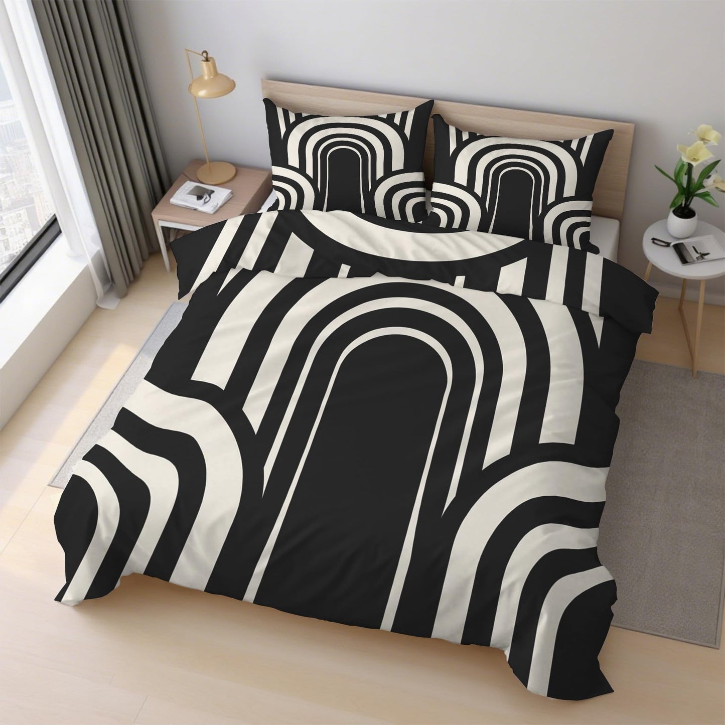 Mid Century Modern Duvet Cover Twin Size, Boho MCM Bedding Set 2 pcs with 1 Pillow Cover, Black and White Geoemtric Bedroom Decor, Soft Microfiber Reversible, Zipper & Ties KJJT 106