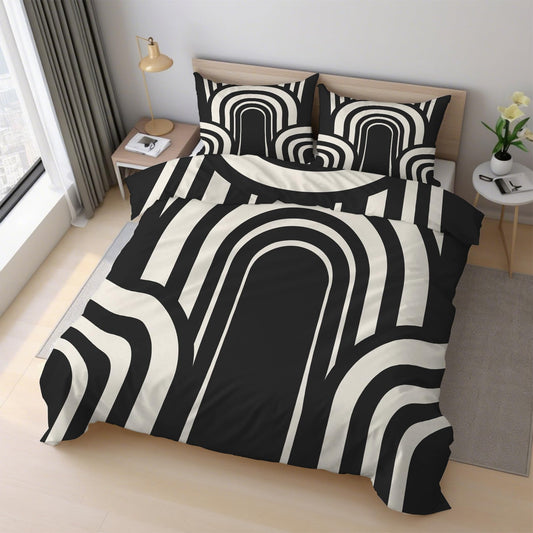 Mid Century Modern Duvet Cover Twin Size, Boho MCM Bedding Set 2 pcs with 1 Pillow Cover, Black and White Geoemtric Bedroom Decor, Soft Microfiber Reversible, Zipper & Ties KJJT 106