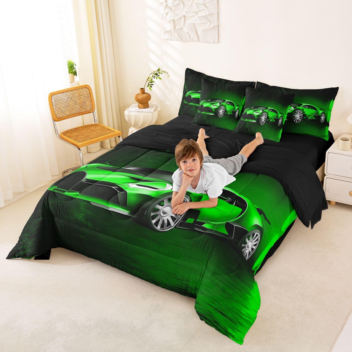 Feelyou Sports Car 7 Piece Bedding Set Green Race Car Comforter Set with Sheets for Kids Boys Girls Extreme Sports Theme Bed in a Bag Cool Speed Luxury Car Decor Bed Set with 2 Pillowcases Queen