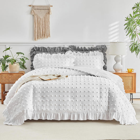 Flysheep Tufted Dots Ruffle Comforter Set Twin Size, 3 Pieces White Vintage Farmhouse Shabby Chic Comforters, Jacquard Boho Bohemian Bedding Set for Kids (1 Ruffled Comforter+ 2 Pillow Shams)