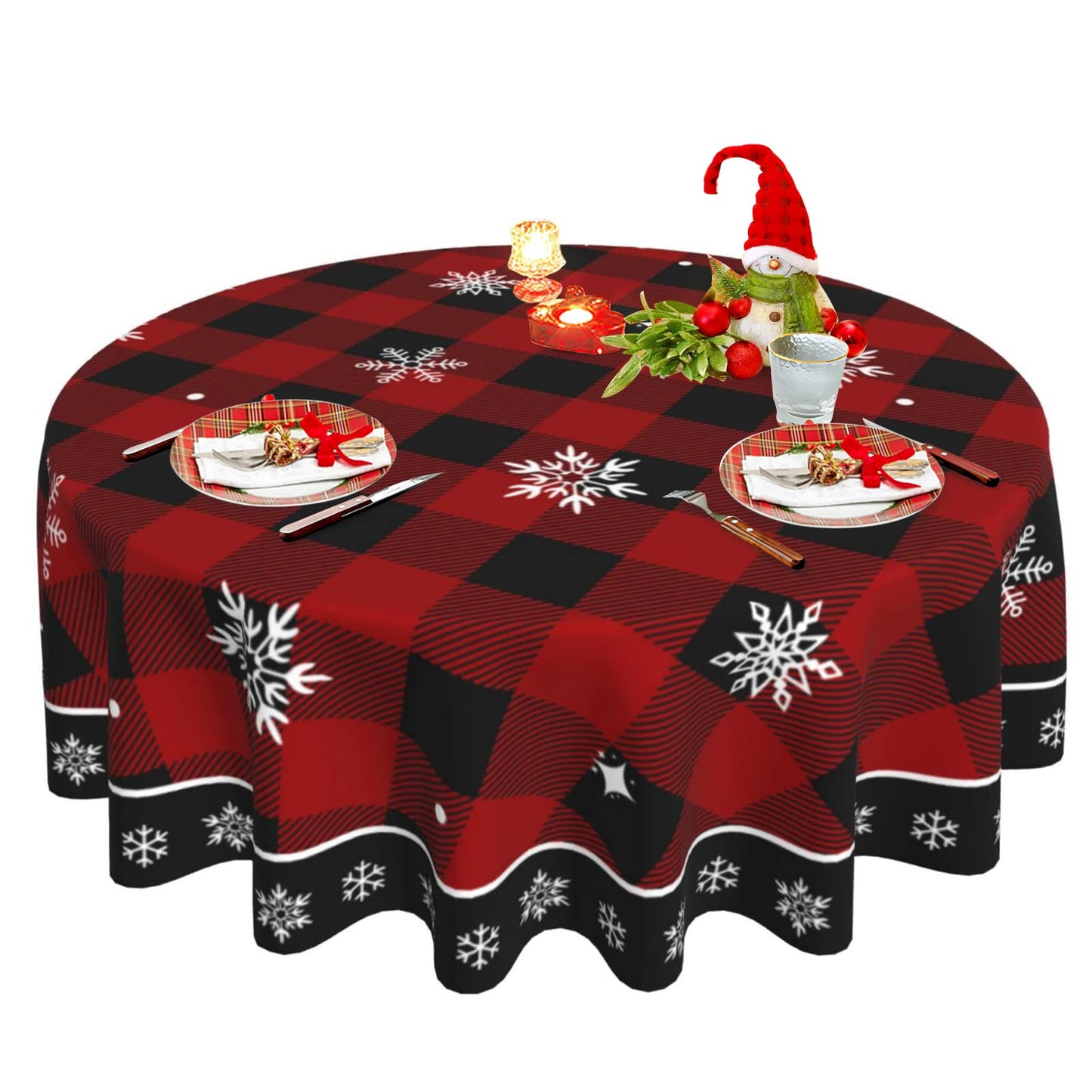 Christmas Tablecloth, Red Black Buffalo Plaid Round Tablecloth 60 Inch, Winter Snowflake Table Cloth for Rustic Farmhouse Kitchen Decor, Xmas Holiday Outdoor Wipeable Polyester Fabric Table Cover