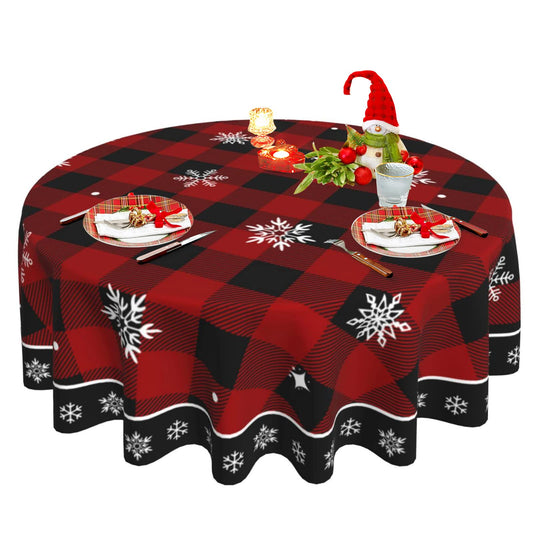 Christmas Tablecloth, Red Black Buffalo Plaid Round Tablecloth 60 Inch, Winter Snowflake Table Cloth for Rustic Farmhouse Kitchen Decor, Xmas Holiday Outdoor Wipeable Polyester Fabric Table Cover