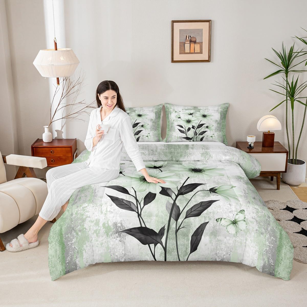 Erosebridal Watercolor Daisy Floral Queen Comforter Set Abstract Oil Painting Bedding Set Rustic Farmhouse Bed Set Green White Flowers Quilt Set