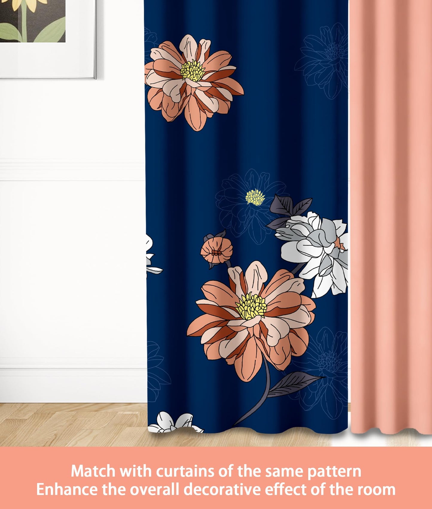 Reylox 9 Pcs King Bed in A Bag with Curtains | Navy/Orange Floral Bedspread, 2 Pillowcases, 2 Print & 4 Solid Curtains | Microfiber, Moisture-Wicking | Bedroom | King Size Comforter Set with Curtains
