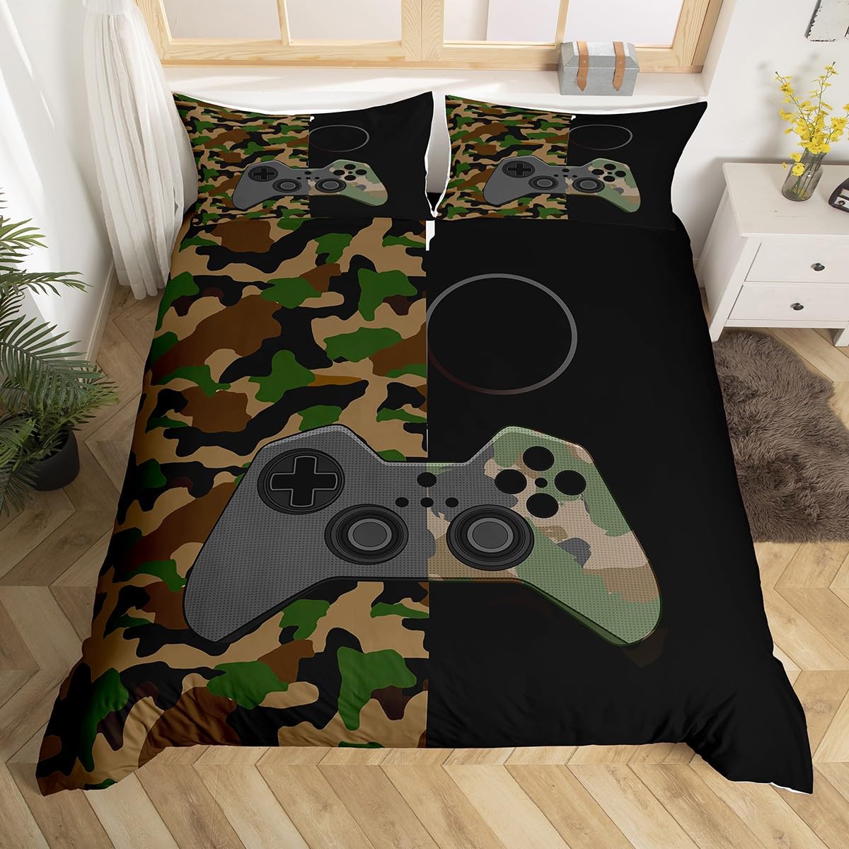 Gamer Bedding Set Teens Boys Camouflage Gamepad Printed Comforter Cover Army Green Video Games Decor Player Gaming Duvet Cover for Adult Girls Kids Camo Game Console Pattern Soft Bespread, King Size
