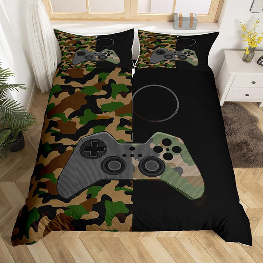 Gamer Bedding Set Teens Boys Camouflage Gamepad Printed Comforter Cover Army Green Video Games Decor Player Gaming Duvet Cover for Adult Girls Kids Camo Game Console Pattern Soft Bespread, King Size