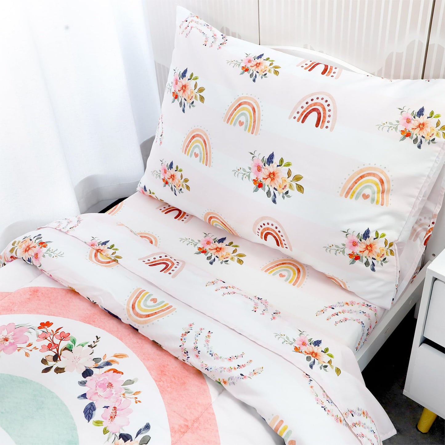Toddler Bedding Sets for Girls, Rainbow Toddler Crib Bedding Set 4 Piece Pink Floral Toddler Comforter Set Includes Flat Top Sheet, Fitted Sheet, Comforter, Envelope Pillowcase, Soft & Comfort