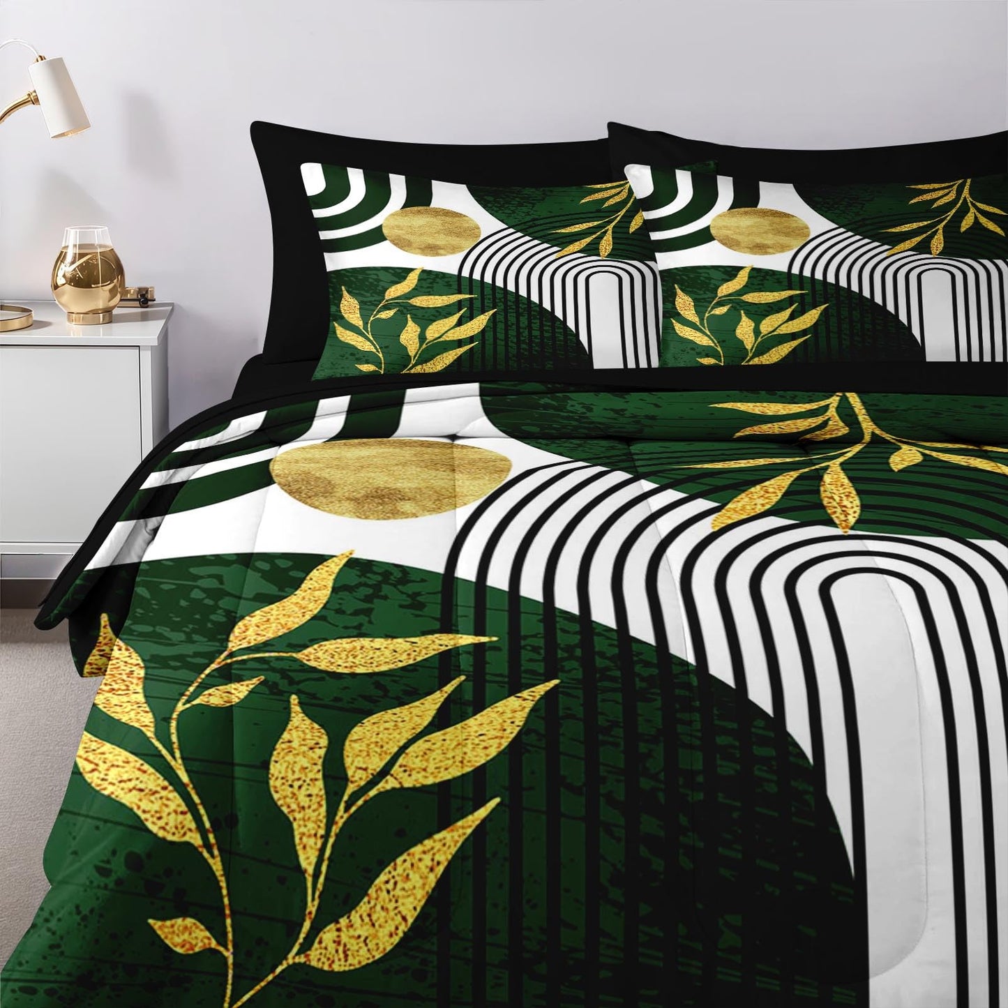 Nesker Comforter Set King Size, Green Boho Golden Leaves 7 Pcs Bedding for Kids and Adults, Mid Century Abstract Bed Sheet Sets with Fitted Sheet 2 Pillowcases & 2 Shams