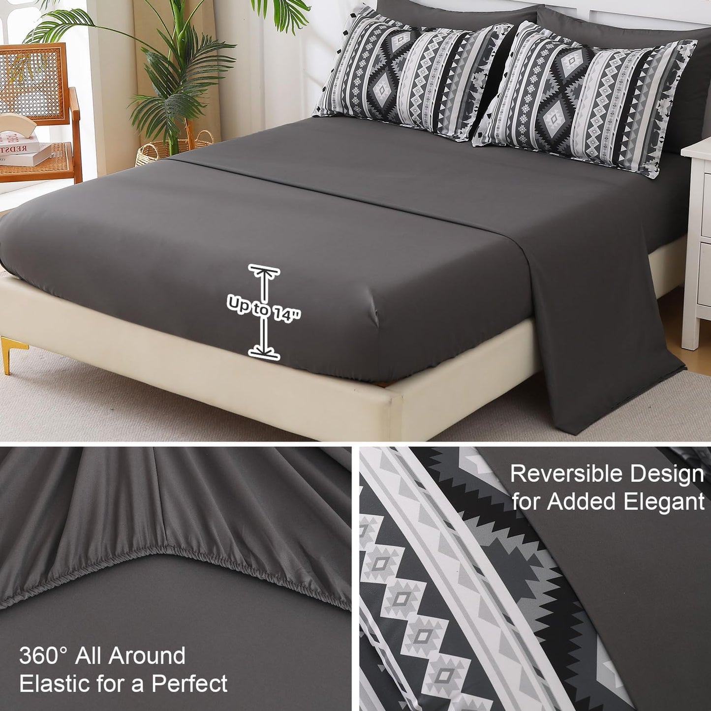 Dinjoy Dark Grey Boho Comforter Set Queen Size,7 Pieces Bed in a Bag for Men Gray Bedding Sets with Sheets Aztec Comforters Striped Complete Set for Summer 90"x90"