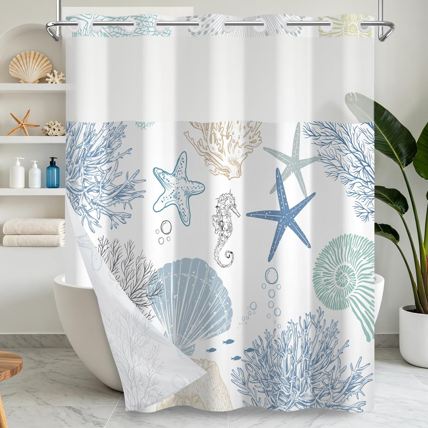 Xiazhilaio No Hook Shower Curtain with Snap in Liner Set - Sea Seashells, Starfish & Coral Print Shower Curtains for Coastal Nautical Ocean Bathroom, Waterproof Bath Curtain with Mesh Top, 71x74 Inch