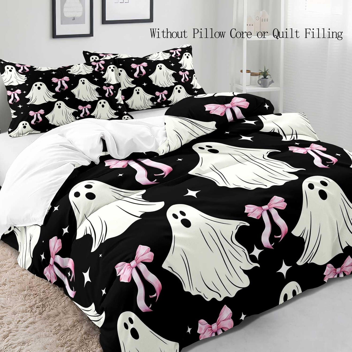 LUVIVIHOME 3PCS Pink Bow Cute Ghost Duvet Cover Queen Bedding Sets, Black Duvet Cover, Teen Girl Bedding, Spooky Halloween Comforter Cover, Coquette Room Decor Aesthetic, Bed in a Bag, 2 Pillow Cases