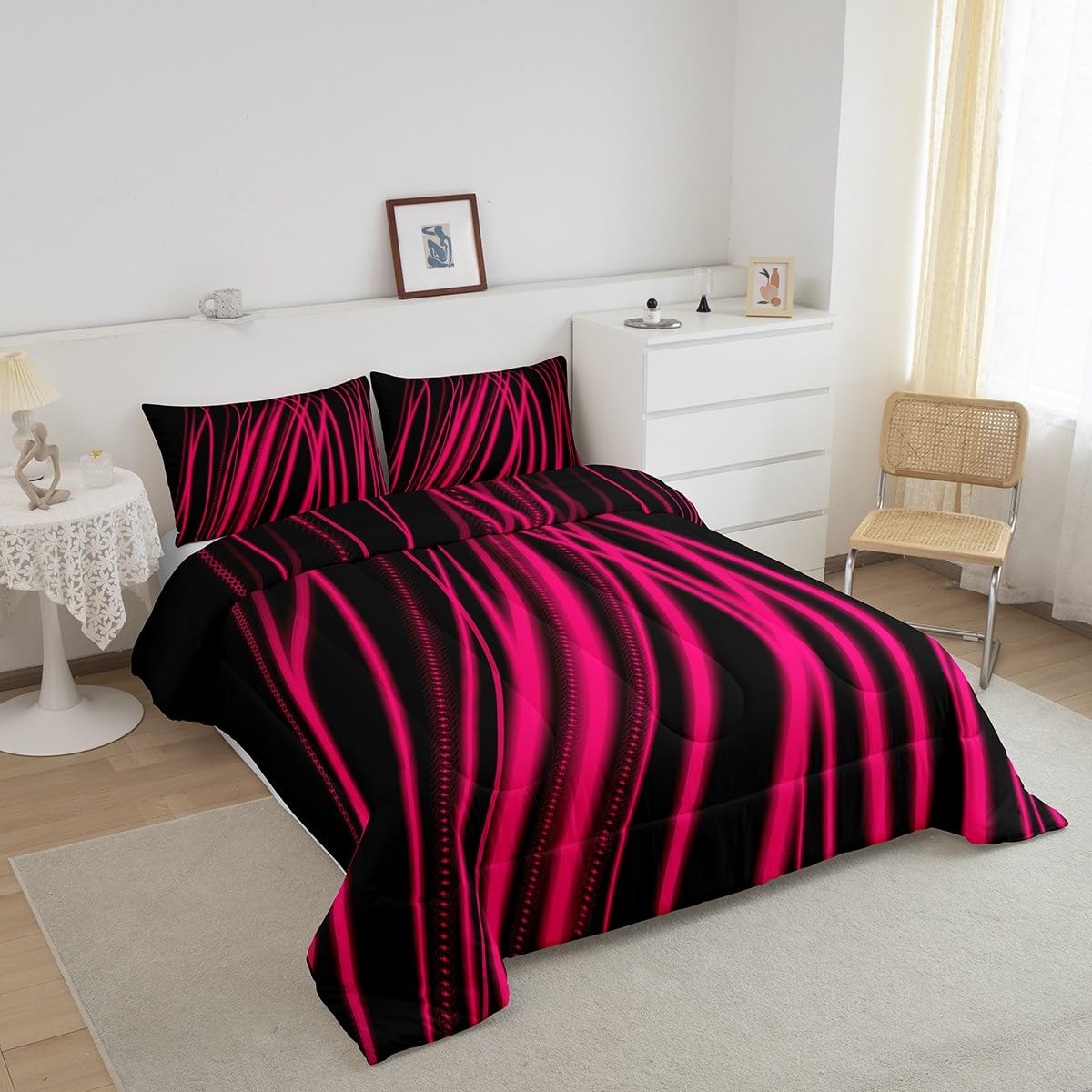 Feelyou Hot Pink Stripes Comforter Full Size Ombre Hot Pink Black Reversible Comforter Set for Boys Girls Children Abstract Bedding Set Room Decor Modern Art Duvet Set 3Pcs