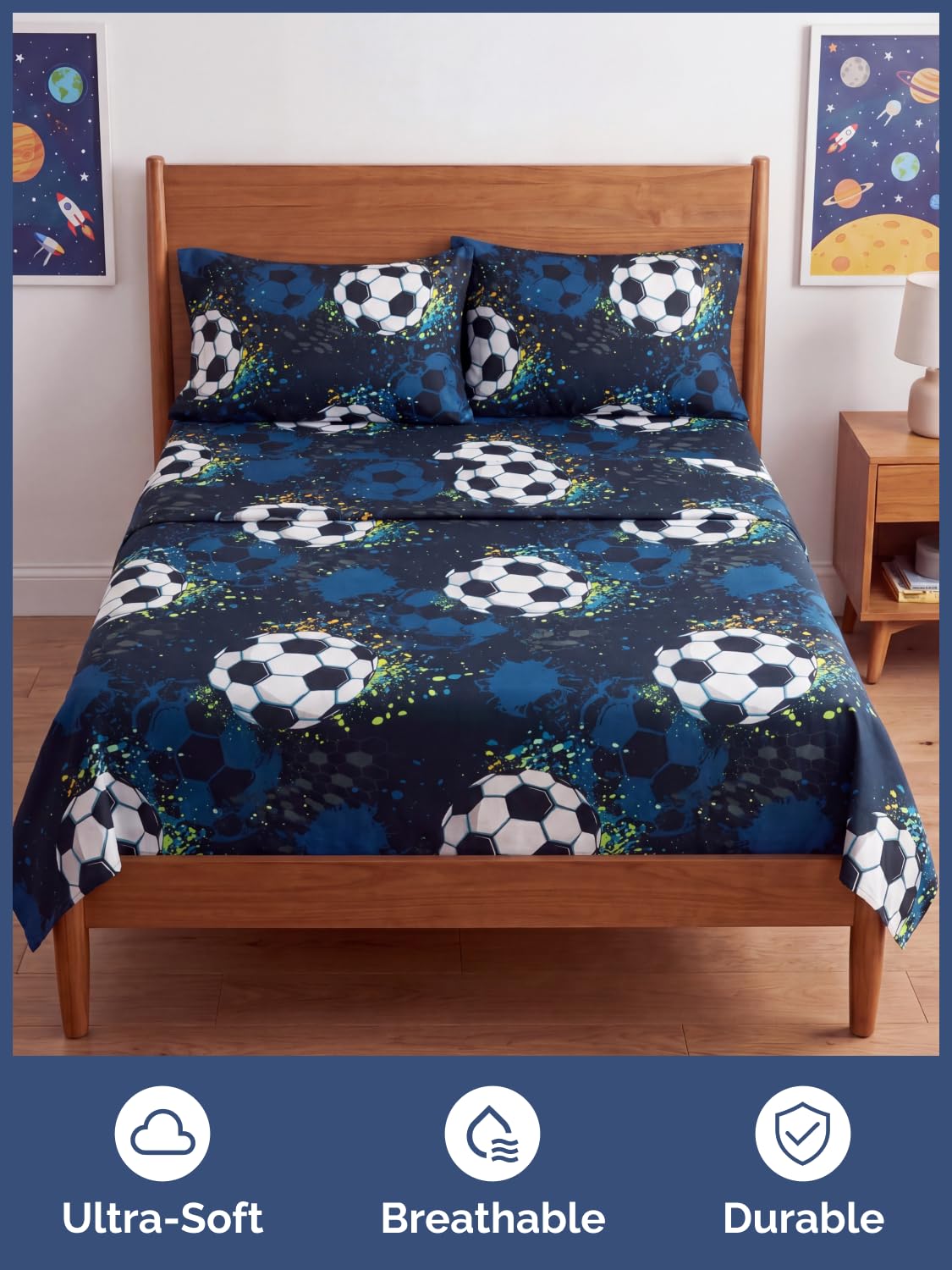 CGK Unlimited Kids Midnight Soccer Queen 4 Piece Sheet Set - Boys, Girls, Teens, Toddler - Easy Fit Deep Pockets - Soft, Cooling & Breathable Sheets - Cozy, Fade and Wrinkle Free - Machine Washable