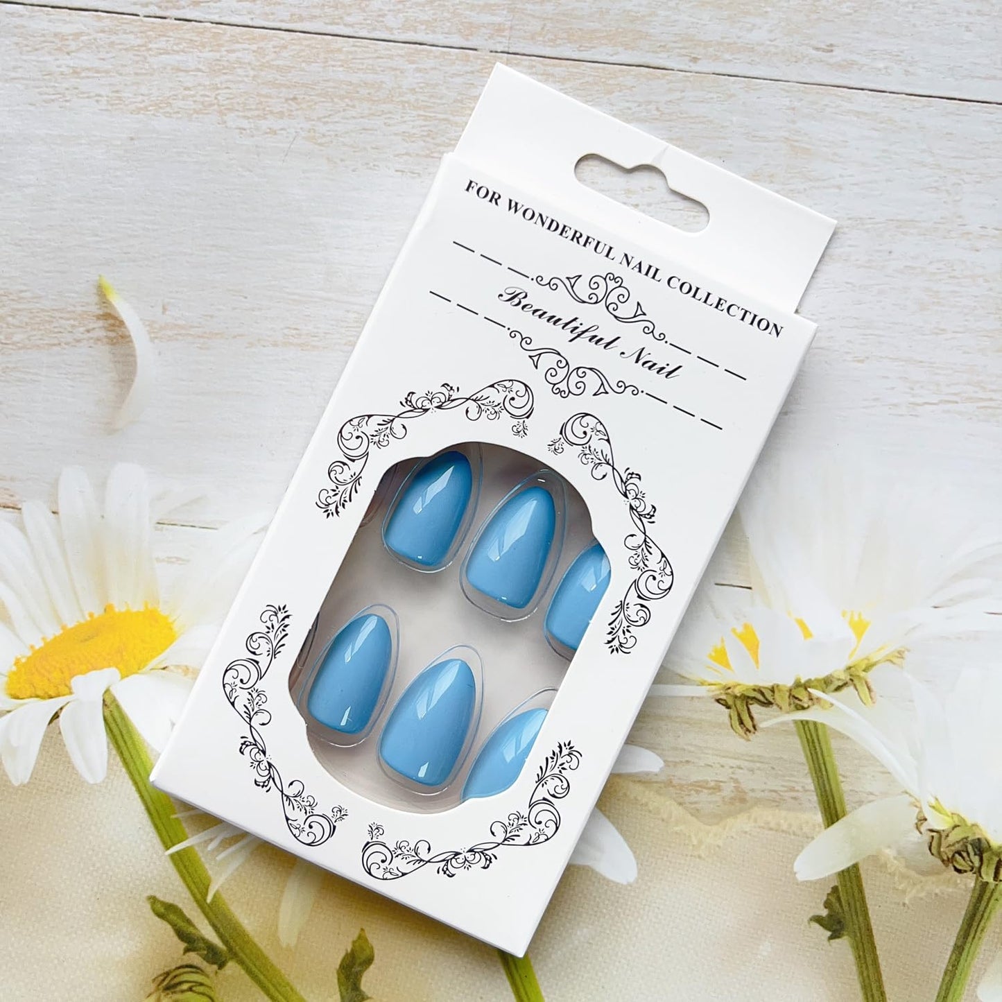 LPOODDNU Flower Press on Nails Almond Shape Fake Nails Medium Length Blue French Tip False Nails with Designs Glossy Full Cover Glue on Nails Cute Almond Stick on Nails for Women Finger Manicure