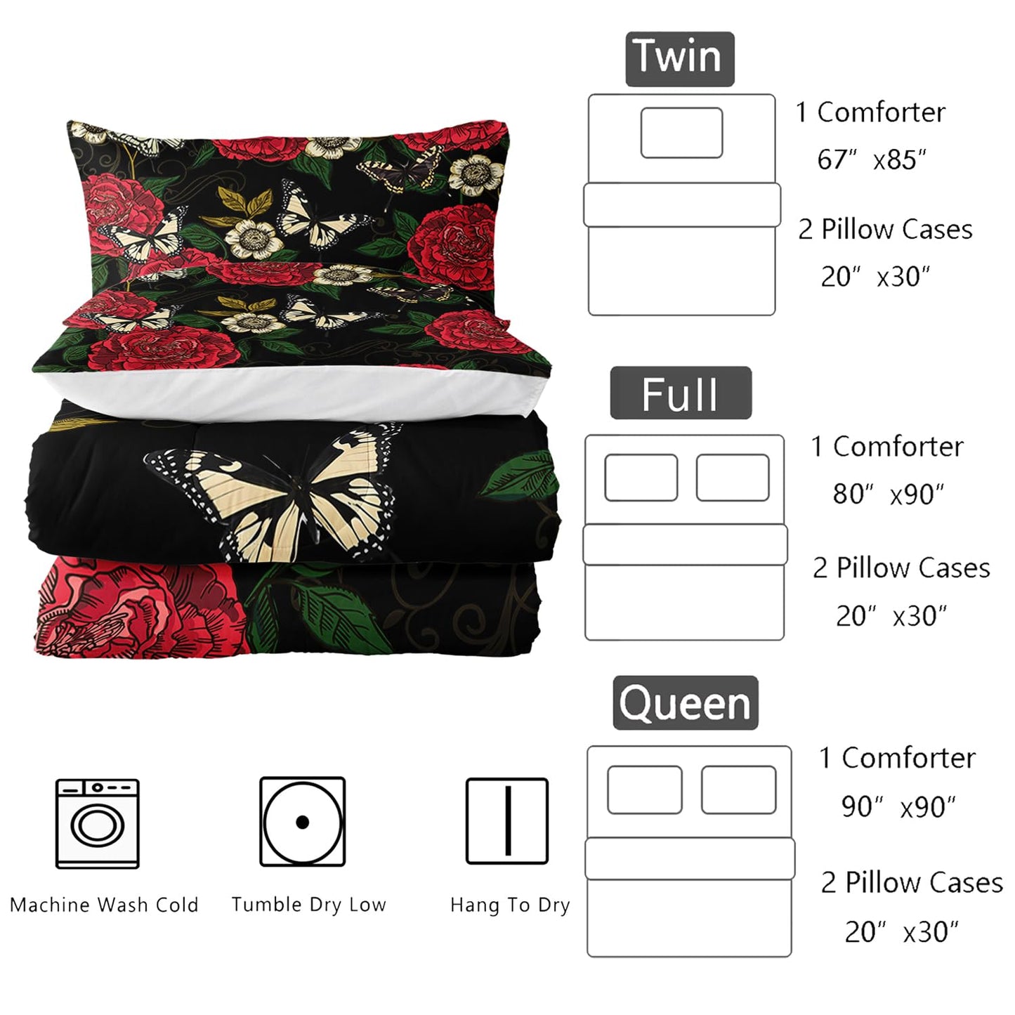 Nttopship Red Rose Comforter Set Butterfly Bedding Set Twin Size for Women Girls Bedroom Decor(1 Comforter + 2 Pillow Cases)