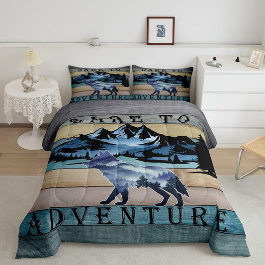Erosebridal Hunting Comforter King Wild Wolf Bedding Set, Rustic Farmhouse Down Comforter Jungle Animal Bed Set, Vintage Old Barn Door Stripe Quilted Duvet with 2 Pillowcase Kids Teen Adult Room Decor