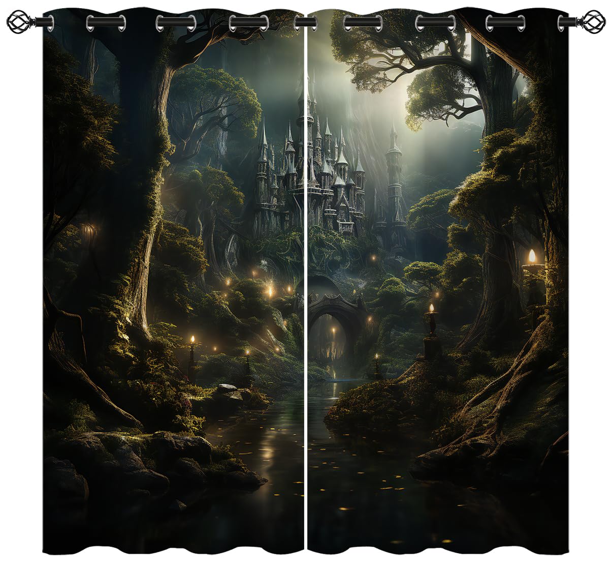 ONINUO Magic Forest Blackout Curtains for Girls Boy Home Decor, Enchanted Castle Medieval Gothic Grommet Thermal Insulated Drapes Darkening Window Curtain for Bedroom Living Room, 42 x 45 Inch