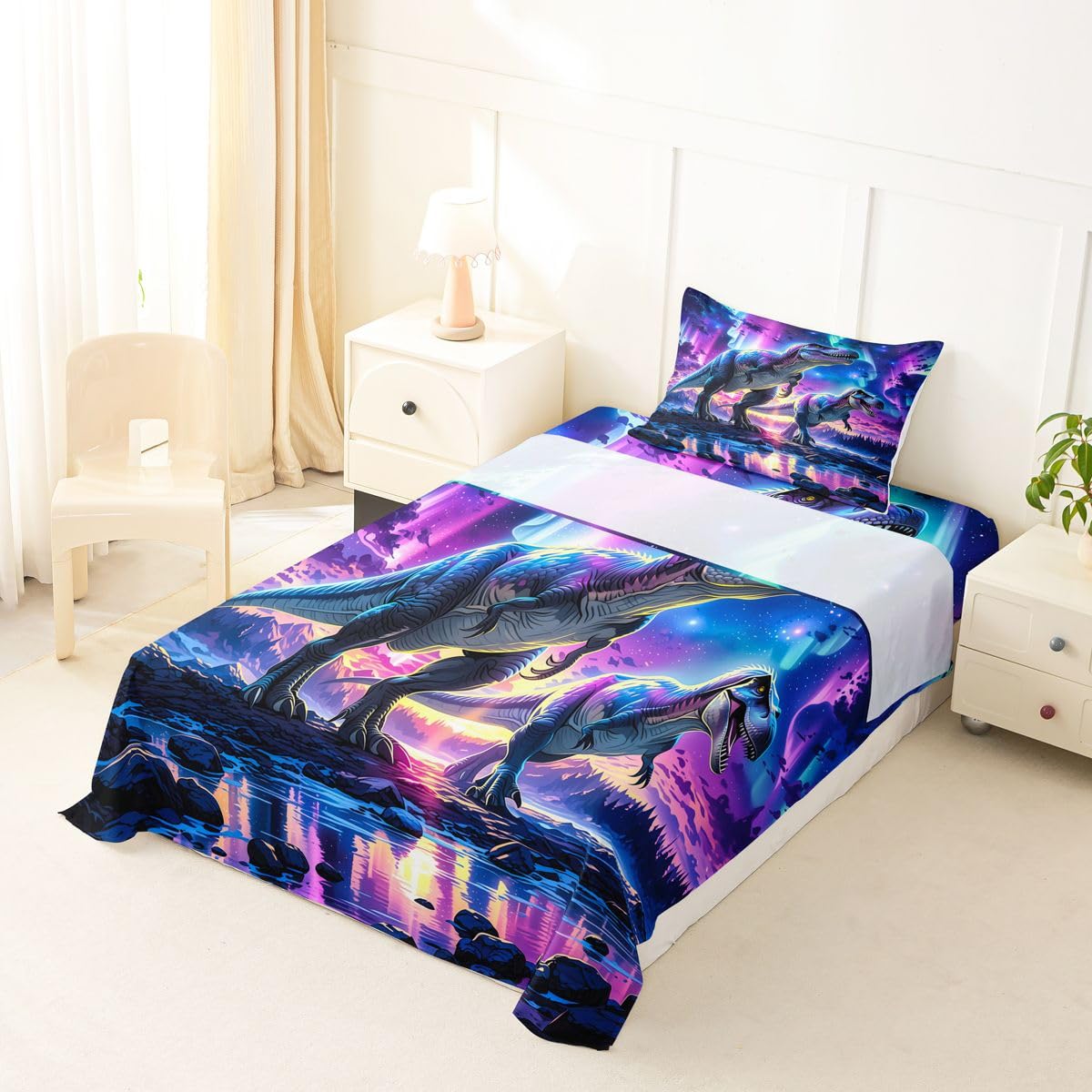 Feelyou Dinosaur Bed Sheets Set Twin Size 3D Digital Print Bed Set for Kids Boys Girls Jungle Dino Deep Pocket Fitted Sheet Wild Animal Breathable Soft Lightweight Microfiber Purple Blue