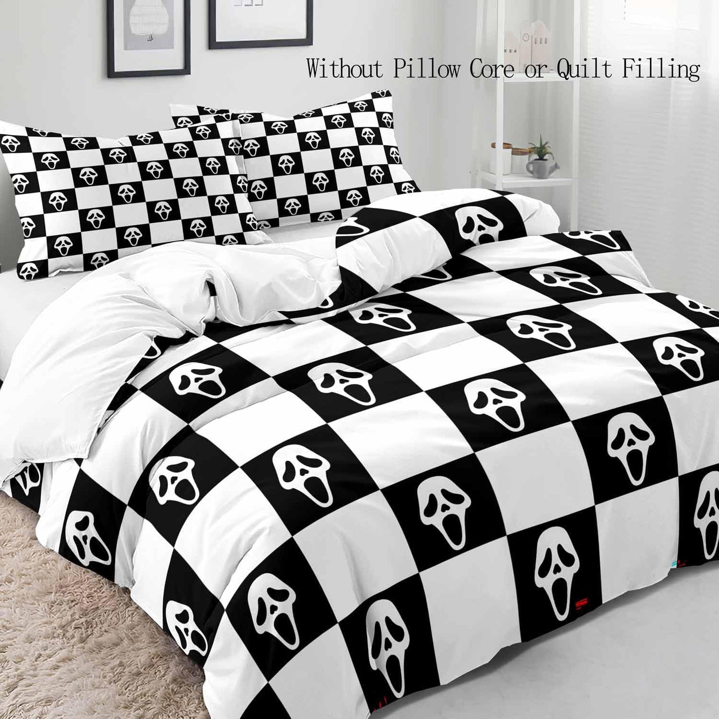 LUVIVIHOME 3PCS Funny Scream Face Duvet Cover Queen Bedding Set, Black and White Checkered Duvet Cover, Halloween Horror Scary Spooky Ghost Skull Face Grid Buffalo Plaid Comforter Cover 2 Pillow Cases