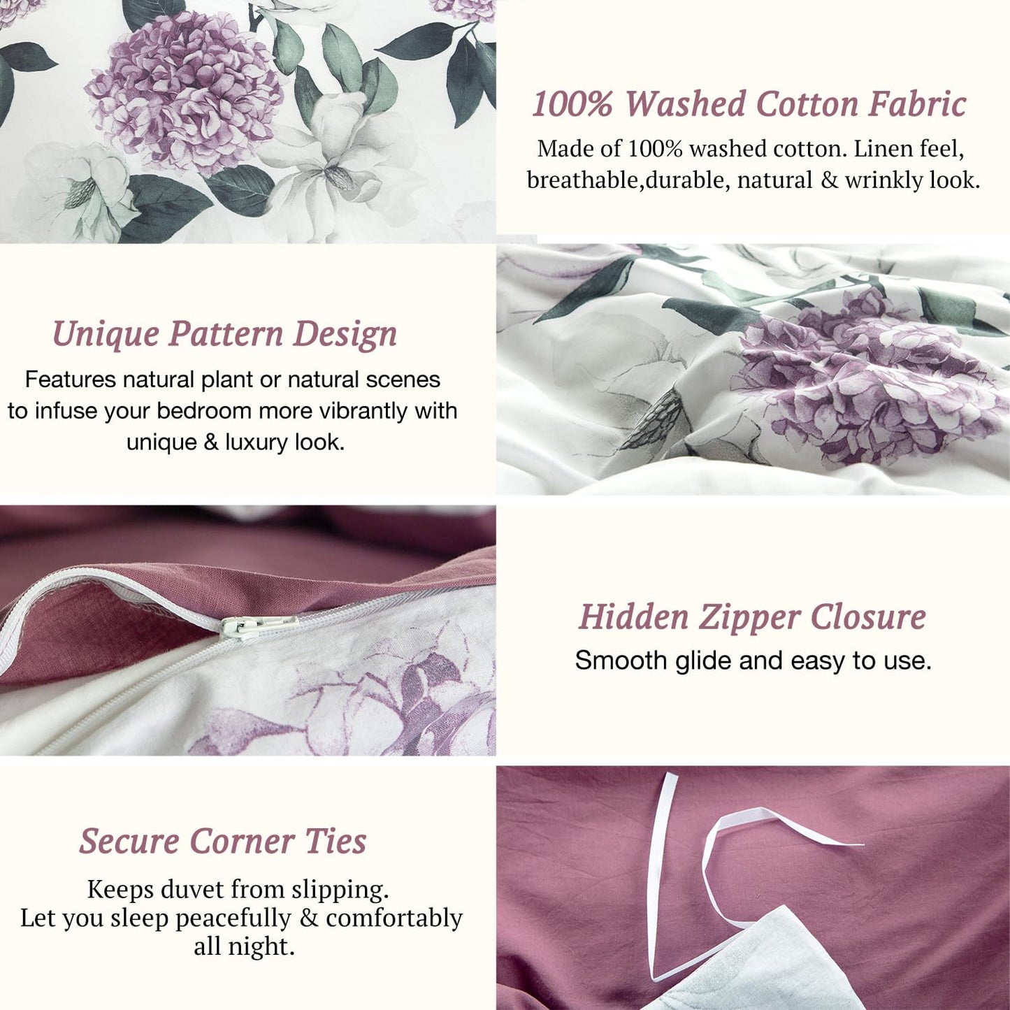 MILDLY 100% Washed Cotton Duvet Cover - Hydrangea Floral Comforter Cover Set Botanical Flower Pattern Bedding Set with Zipper Closure