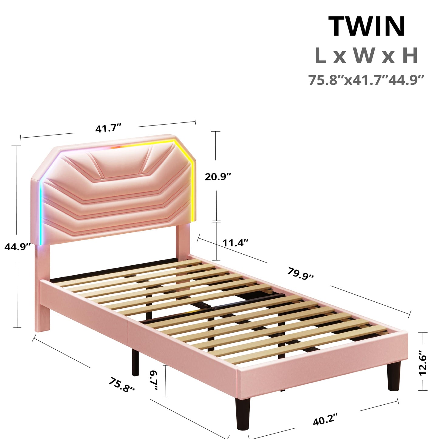 LIKIMIO Twin Bed Frames with LED Light Headboard, Upholstered Modern Cama Twin Platform Bed Frame with Heavy Duty Supports, No Box Spring Need, Noise Free, Easy Assembly, Princess Pink