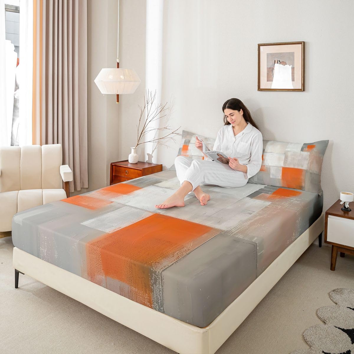 jejeloiu Abstract Fitted Sheet with 2 Pillowcases Full Size Orange Ombre Bed Sheets Set 16" Deep Pocket Boys Girls Modern Art Bedding Luxury Teens Bedroom Decor Breathable Soft Lightweight Microfiber