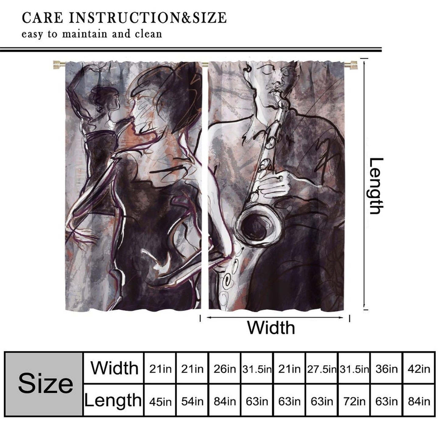 Abstract Black Woman Curtains, Modern Urban Art Hand Drawn Grey Brown Line Graffiti Musician Dancer Window Treatments, Blackout Rod Pocket Drapes For Living Room Bedroom Bathroom (21x45in)x2 Panels