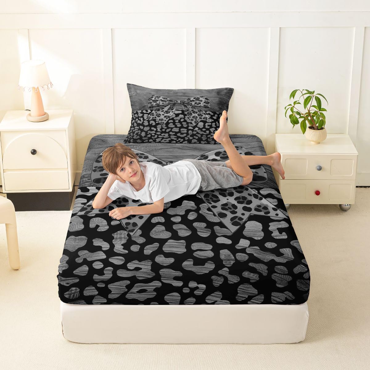 jejeloiu Black Leopard Bow Fitted Sheet with 1 Pillowcase Twin Size Leopard Print Bowknot Bed Sheets Set 16" Deep Pocket Boys Girls Abstract Bedding Teens Bedroom Decor Breathable