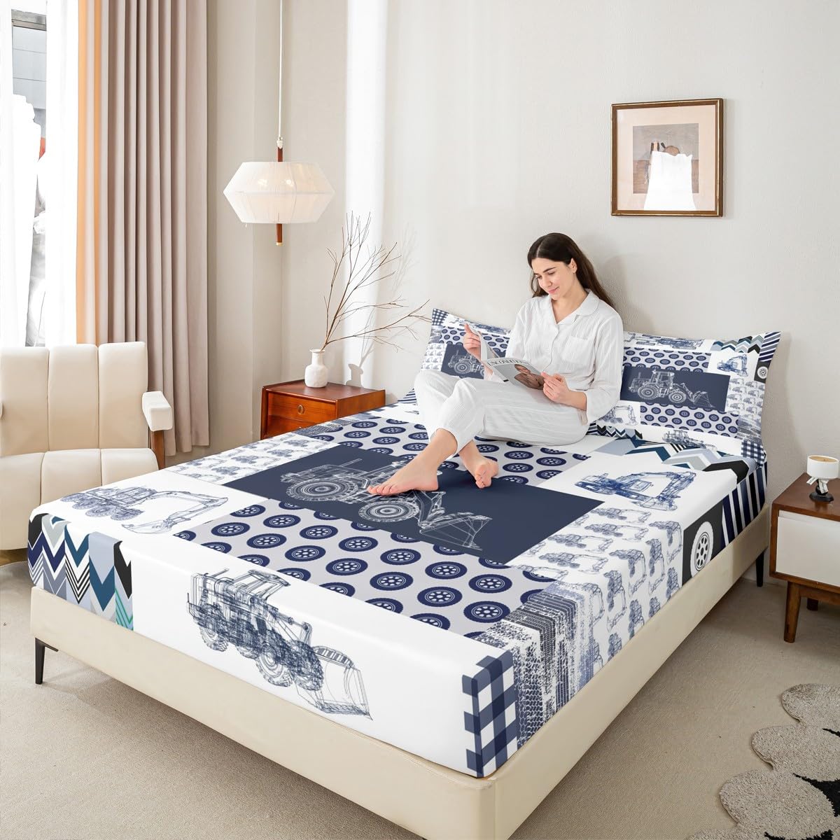 Kids Construction Sheet Set Full Size Equipment Trucks Bed Sheets Set Cartoon Car Excavator Tractor Sheets with Deep Pocket Fitted Sheet Construction Vehicles Plaid Grid Blue and White Bedding Set