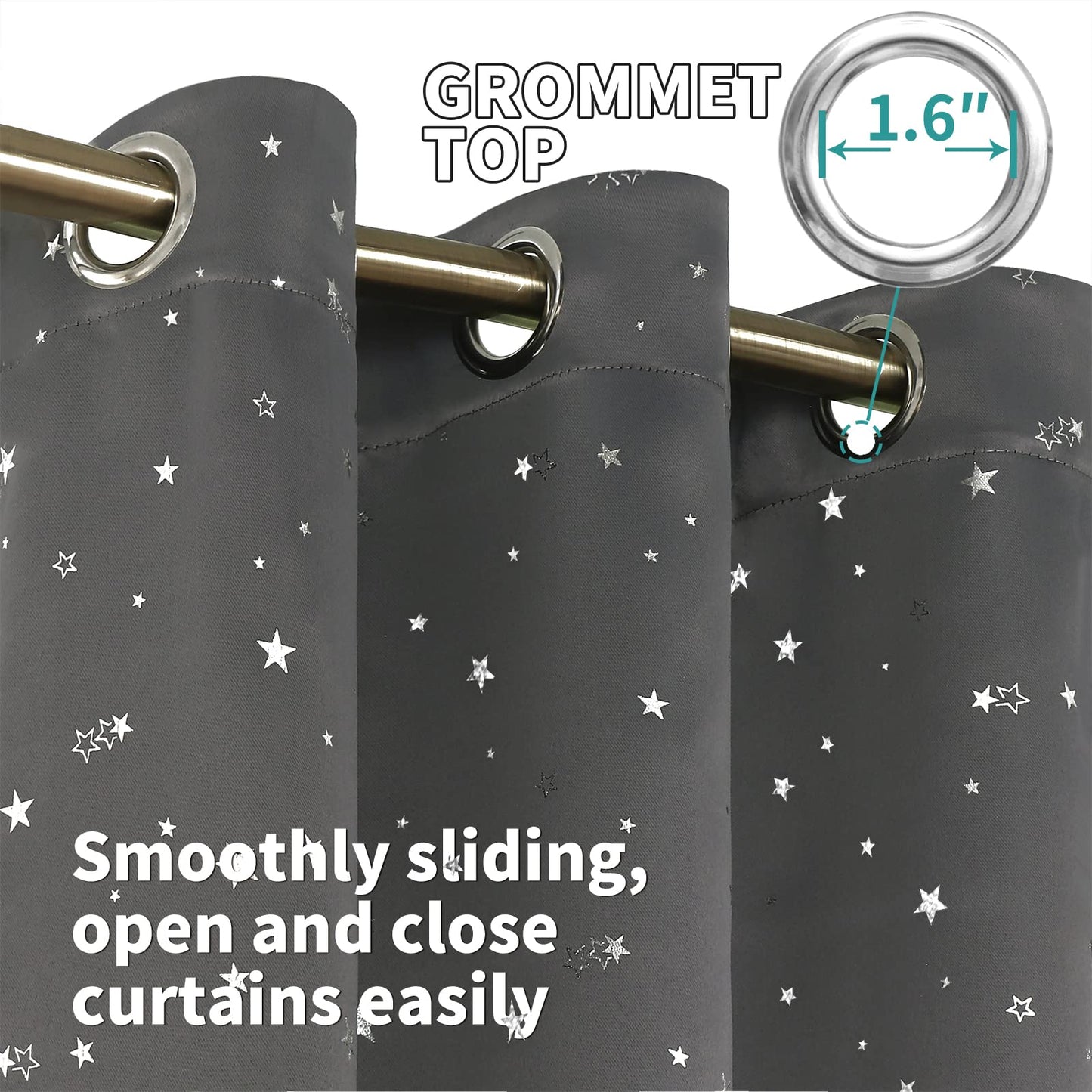 BGment Dark Grey Blackout Curtains for Kid's Bedroom - Grommet Thermal Insulated Room Darkening Silver Star Printed Curtains for Living Room, Set of 2 Panels (42 x 63 Inch, Dark Grey)