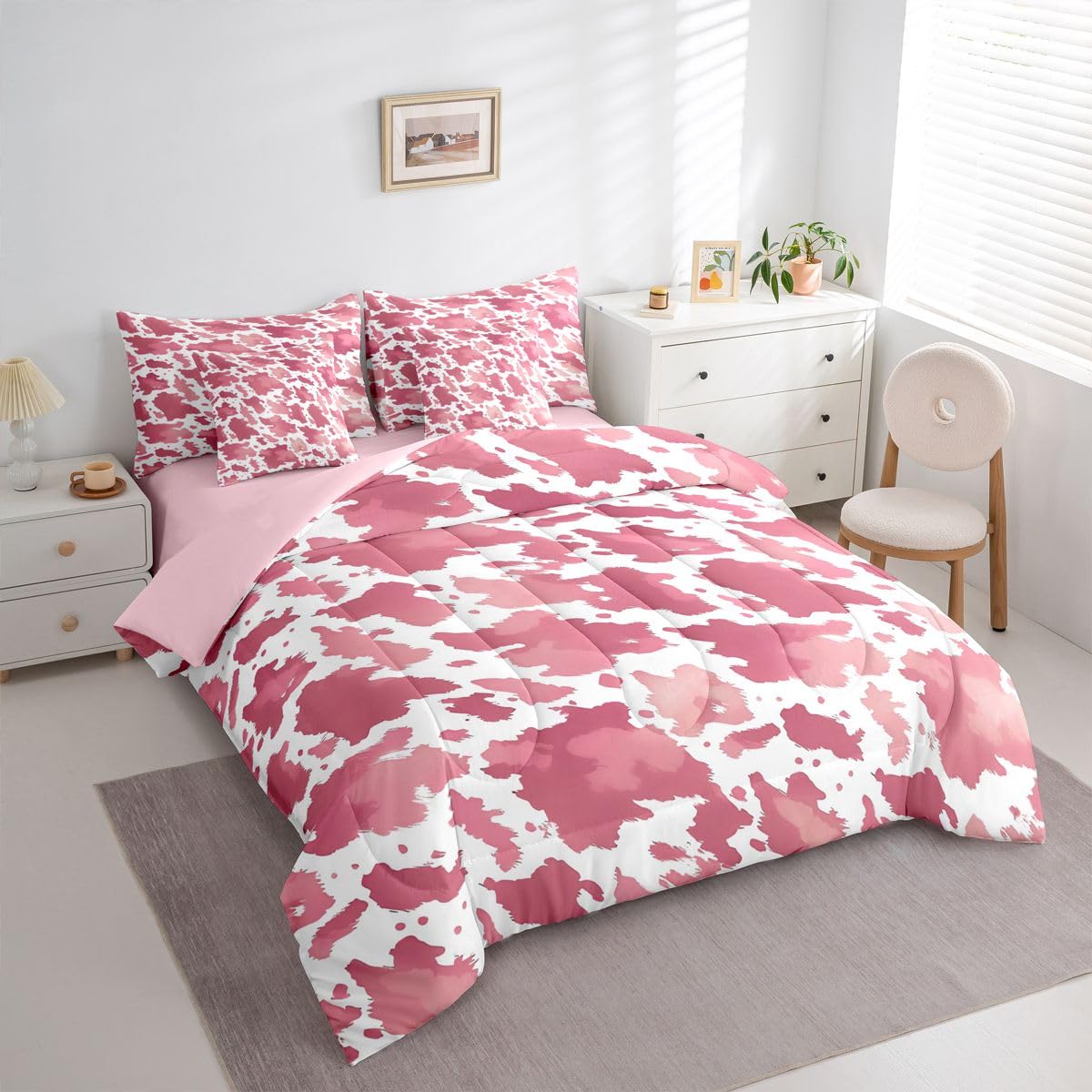 Erosebridal Cow 7 Piece Bedding Set Full Cowhide Print Comforter Set with Sheets Animal Fur Pattern Western Watercolors Bed in a Bag Cowboy Farmhouse Pink White for Kids Boys Girls