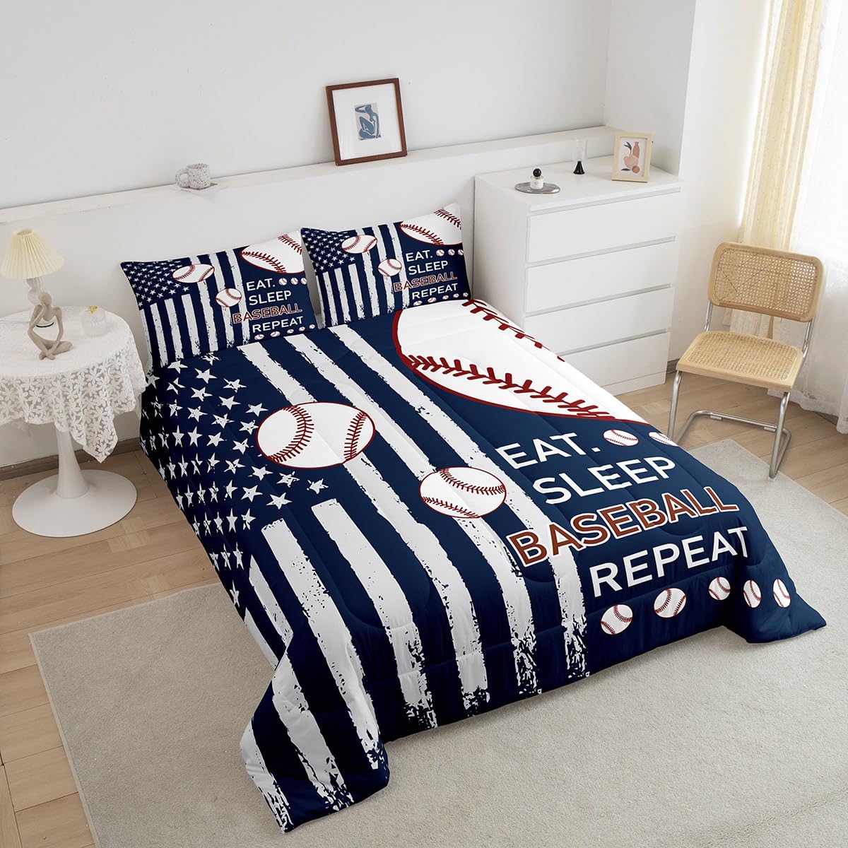 Feelyou Baseball Kids Boys Girls Bedding Set Queen Size Baseball Gaming Comforter Set Ultra Soft Gift for Baseball Lover Comforter Flag Print Duvet Quilt Bedroom Decor Softball Quilt