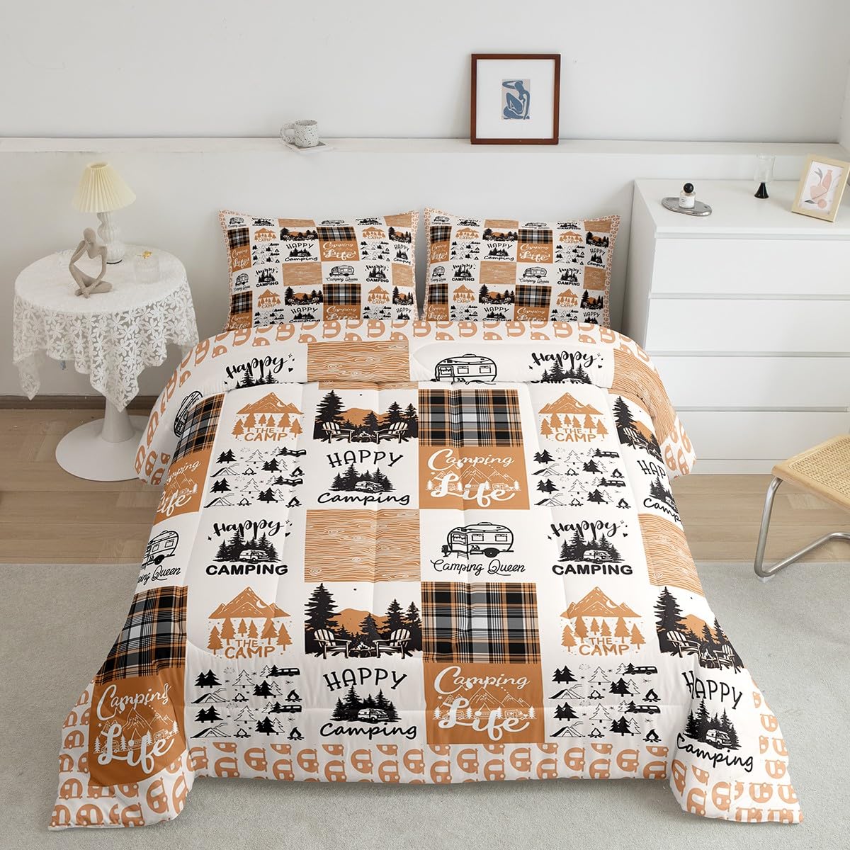Erosebridal Happy Camping Bedding Set for Kids Kawaii Camper Comforter Set, Camping Adventure Duvet Insert Orange White Patchwork Quilt Comforter, Cartoon RV Car Bedding Comforters & Sets Breathable