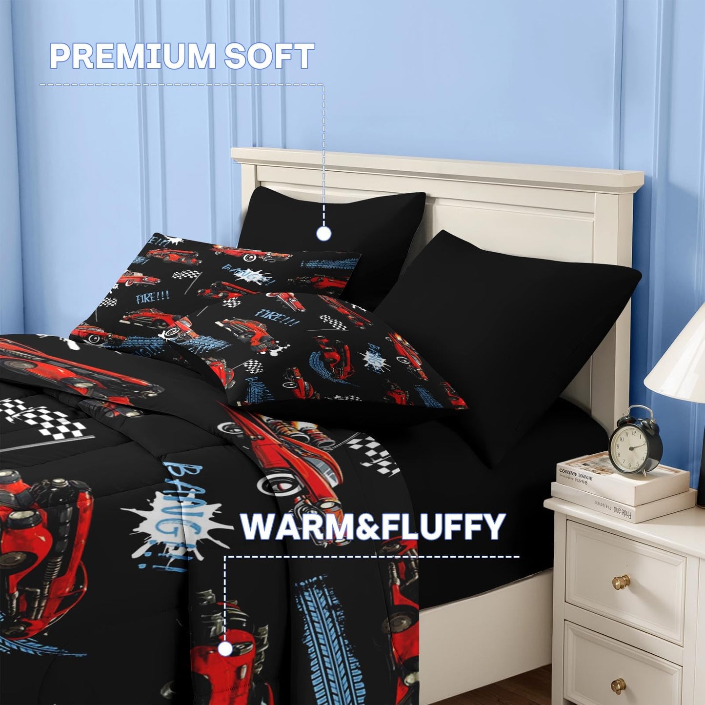 Nesker 5 Pcs Car Comforter Set Twin Size, Rad Race Car Boys Bedding Black Bed in a Bag for Kids and Adults, Retro Cool Truck Bed Sheet Sets with Fitted Sheet Pillowcases & Shams