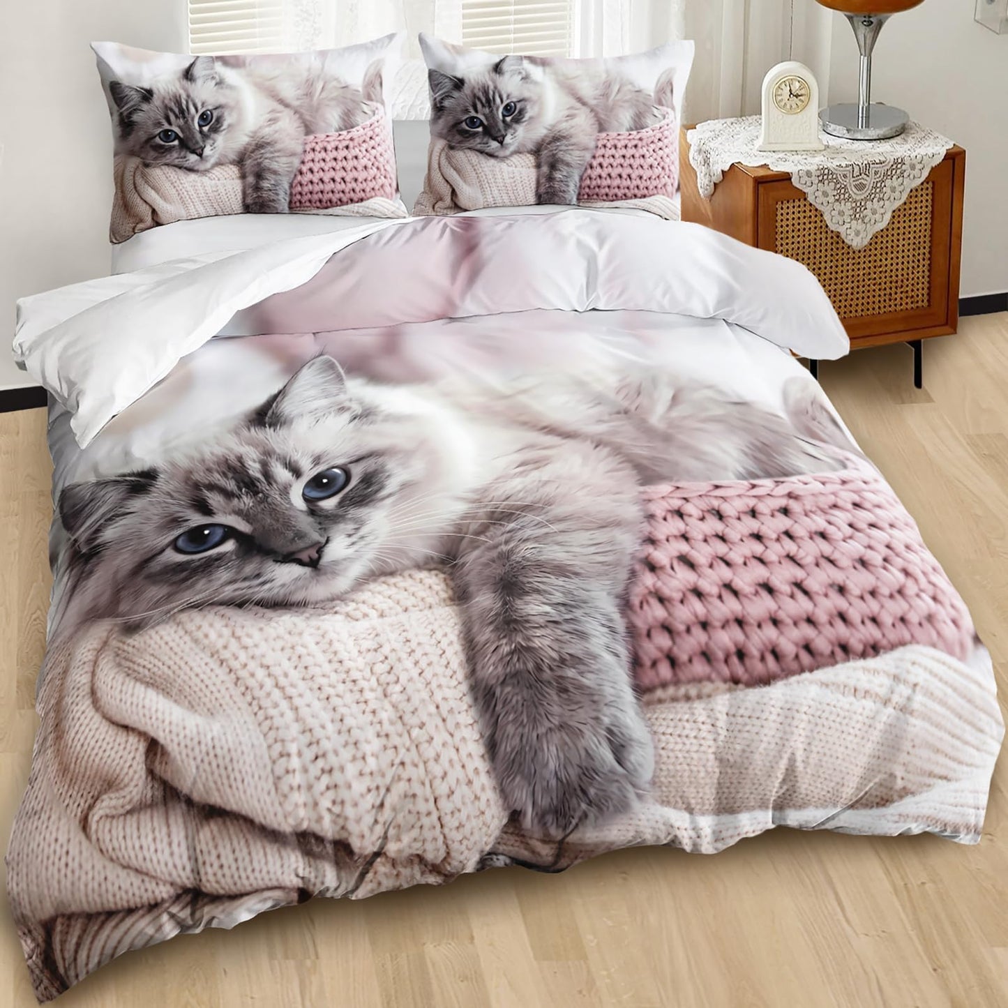 AILONEN Cat Duvet Cover Set, Full Size, Kawaii Pet Animal Cat Lover Comforter Cover Set, 3 Pieces, 1 Quilt Cover and 2 Pillowcases