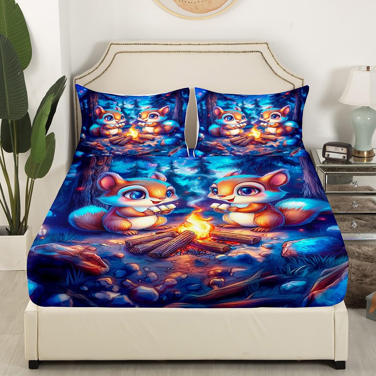 Kawaii Squirrel Kids Fitted Sheet Twin Size,Starry Sky Adventure Camping Campfire Bedding Set,Boys Girls Room Decor,Cartoon Jungle Animal Rustic Bed Cover,Blue Bed Sheet,1 Pillowcase(No Top Sheet)