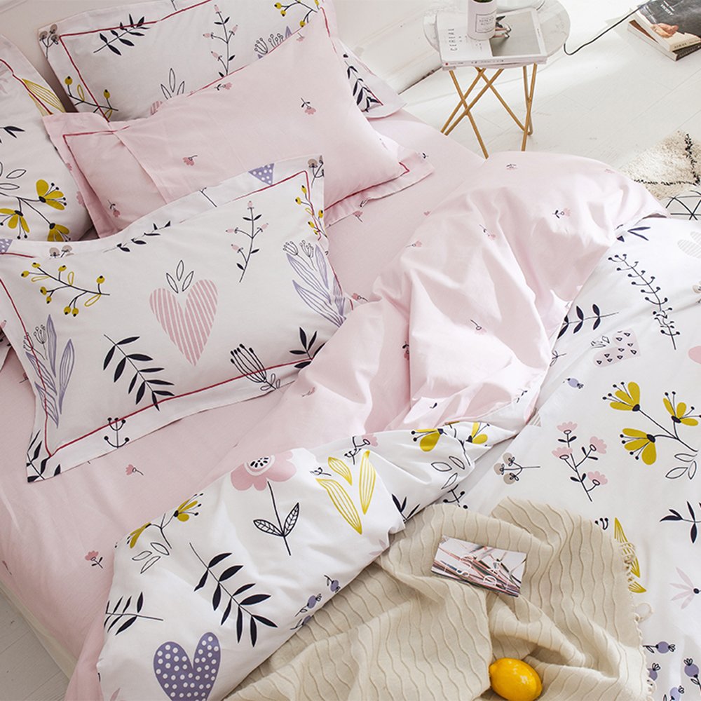 BuLuTu Floral Love Print Girls Duvet Cover Full White/Pink Cotton Premium Blossom Kawaii Reversible Kids Bedroom Comforter Cover Queen Duvet Cover for Toddler,Teen,Lightweight,Zipper Closure