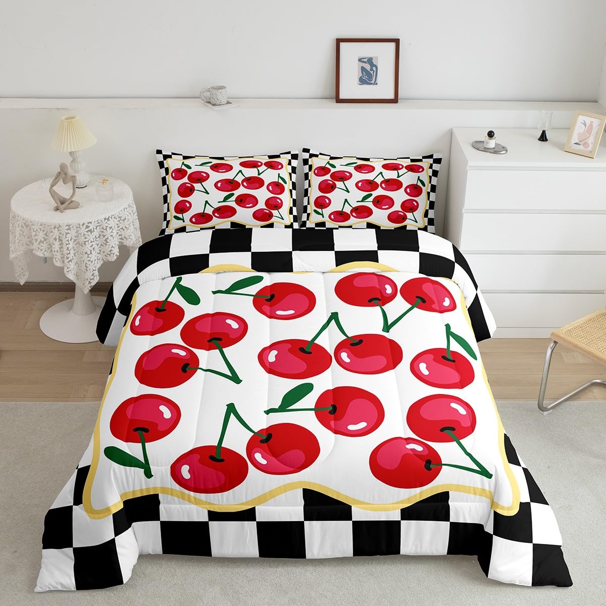 Cartoon Cherry Kids Comforter Set Twin Size,Geometric Checkerboard Plaid Patchwork Bedding Set,Girls Princess Room Decor,Tropical Fruit Summer Down Comforter,Red Black Duvet Insert,1 Pillowcase