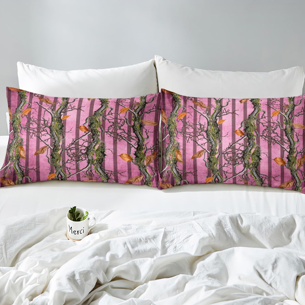 Camoflage Kids Fitted Sheet Twin Size,Hunter Cabin Tree Branches Botanical Leaves Rustic Bedding Set,Girls Women Room Decor,Geometric Stripes Bed Cover,Pink Bed Sheet,1 Pillowcase(No Top Sheet)