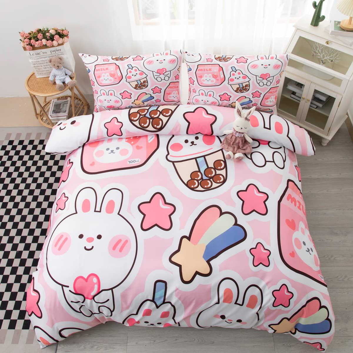 CVHOUSE Kawaii Bedding Set King Size,Cute Rabbit Bed for Girls Kids Teens,Pink Comforter Cover Soft,Kawaii Duvet Set,Girls Room Decor Quilt King 90'x102'